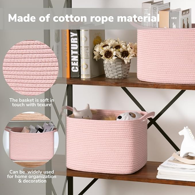 Goodpick Woven Storage Basket for Shelves, 13" x 10" x 9", Pink | Stylish Gift Basket for Home Decor, Cotton Rope Baskets for Toys & Baby Essentials Storage, Nursery Closet Organization