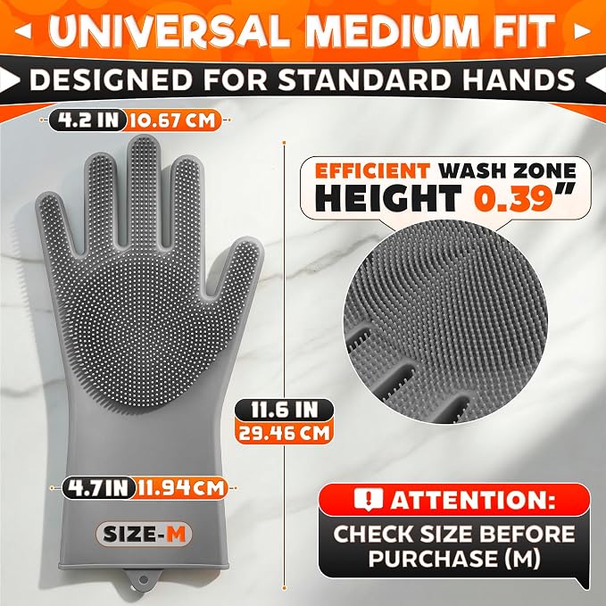 ALPENKOK Silicone Gloves for Washing Dishes, Reusable, Non-Slip (Grey) | Tear-Resistant, Water-Blocking, Dense Bristles; Dog Washing Gloves for Pet Use, Kitchen Cleaning & Daily Chores