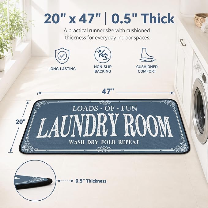 ROMAMIGO Laundry Room Rug Runner Non Slip Laundry Mats Mudroom Runner Farmhouse Kitchen Floor Mat Bathroom Laundry Room Decor Accessories(Blue, 20 X 47 inch)