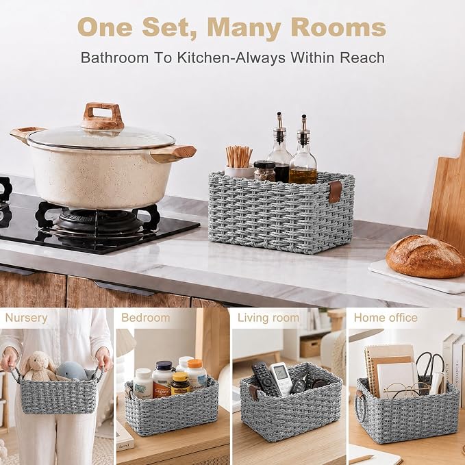 Paper Rope Storage Baskets Set of 3, Handwoven Decorative Wicker Organizer Bins with Handles for Shelves, Bathroom, Closet & Pantry, Soft Woven Nesting Storage Basket Set (Gray)