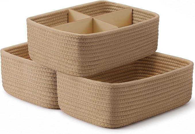 3 Pack Small Baskets for Organizing, Woven Storage Baskets for Shelves | 11.8x7.8x3.8 in Cotton Rope Baskets, Toy Baskets Storage Kids, Basket Organizer, for Living Room, Bedroom, Nursery, Mix Brown