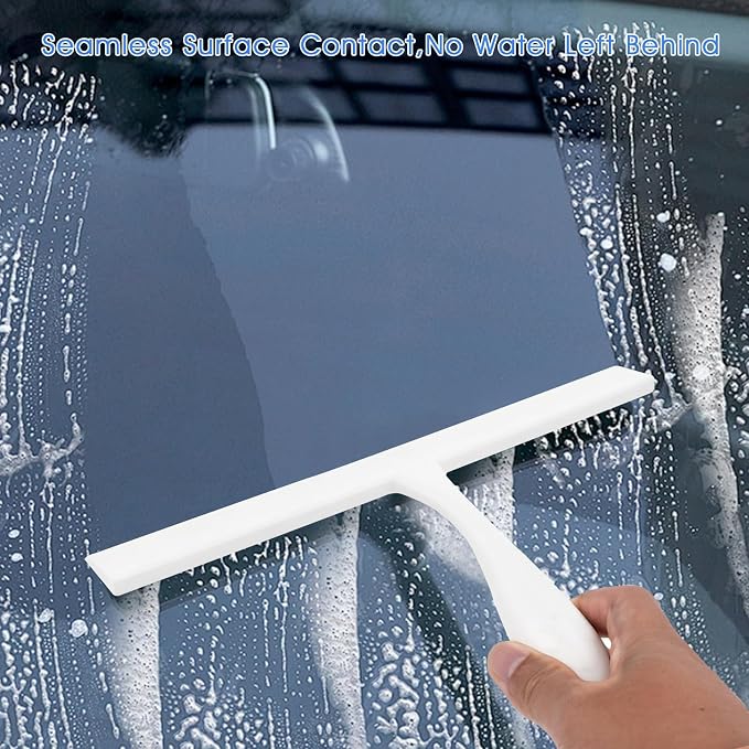 Shower Squeegee for Glass Doors, 11-Inch Silicone Squeegee with Non-Slip Handle and Adhesive Hook for Bathroom, Mirror（White）