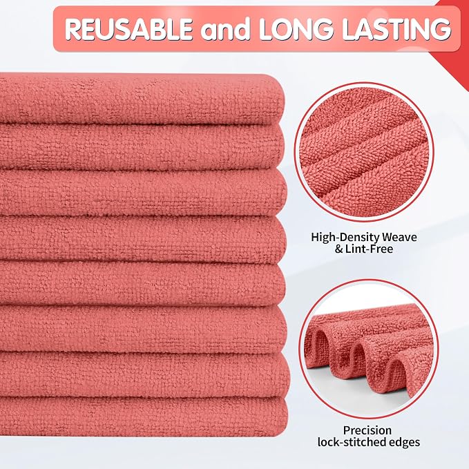 Red Microfiber Cleaning Cloth -Pack of 12, Highly Absorbent Cleaning Rags, 16"X12" All Purpose Cleaning Towels for Housekeeping, Kitchen, Car, Lint Free and Reusable Microfiber Towels