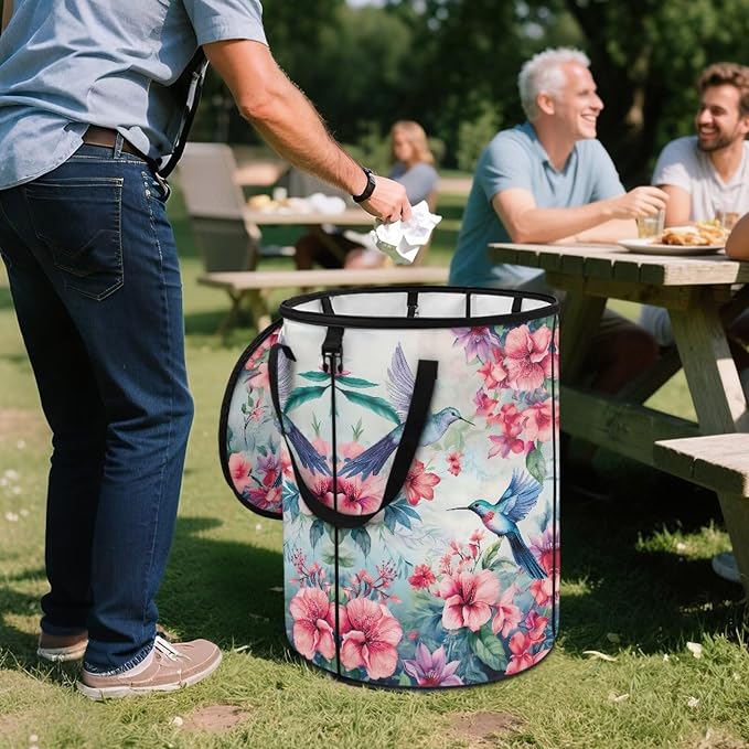 Hibiscus Floral Hummingbird Collapsible Camping Trash Can with Lid and Handles 24 Gallon Garbage Can Reusable Outdoor Trash Garden Leaf Bin Recycling Waster Bags