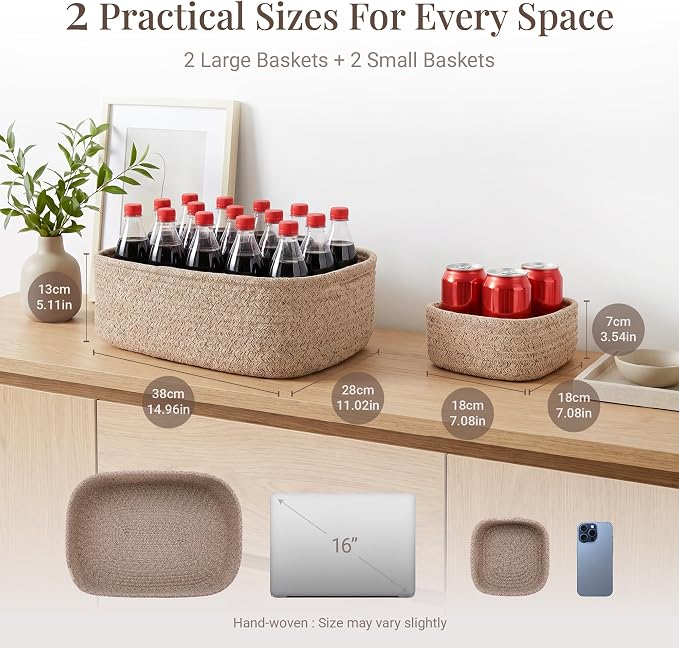 Storage Baskets for Shelves, 4 Pack, 2 Sizes Organizer Bins | Woven Cotton Rope Baskets, 2 Large + 2 Small Shallow Storage Bins for Nursery, Closet, Toys, Bathroom & Changing Table