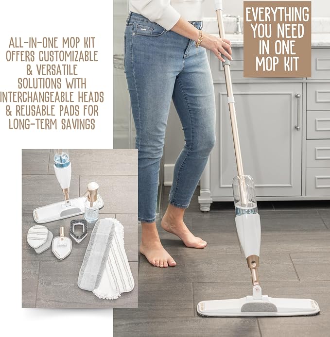 Quick Shine Multi-Action 11 Piece Interchangeable Spray Mop Kit w/Cleaner | Ultimate Gold All-In-One Pro Cleaning System, Lightweight Mop w/ Assorted Microfiber Pads & Triangular Attachmets