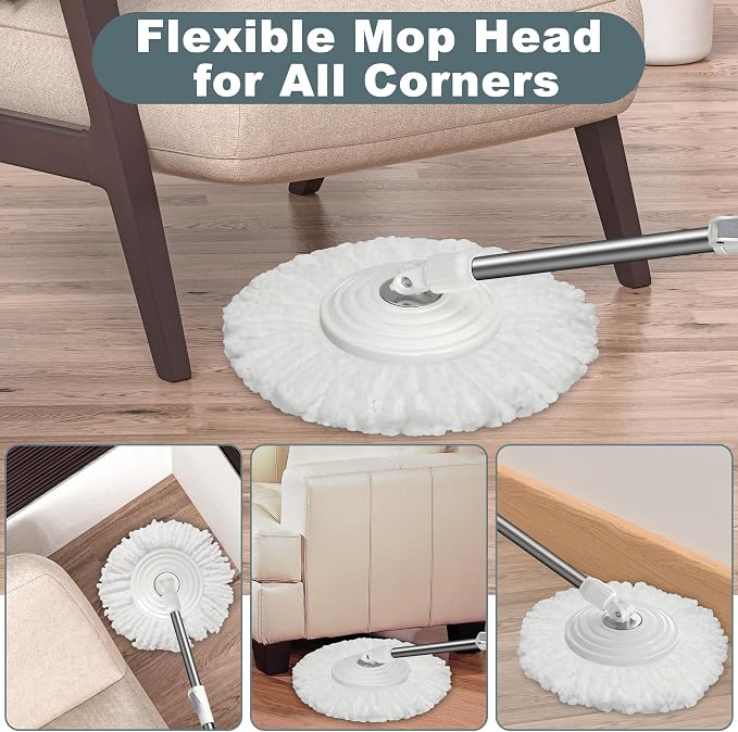 Traditional Large Spin Mop and Bucket, 2 Gal Capacity, White | 2 Rolling Wheels, Pull Handle, 61-Inch Handle, 6 Mop Heads, Easy Wringing, For Family Homes, Hardwood, Laminate & Tile Floors