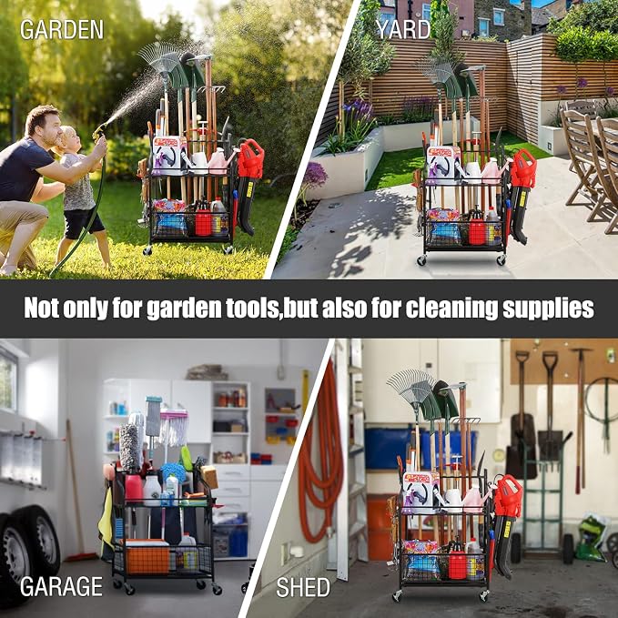Mythinglogic Rolling Garden Tool Organizer for Garage, Yard and Lawn Tools | Metal rolling rack with multiple tool slots, movable hooks and locking casters for rakes, shovels, brooms and yard tools