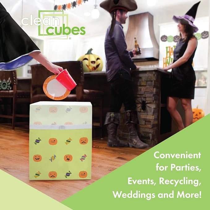 Clean Cubes 13 Gallon Disposable Pop-Up Trash Cans, 3-Pack (Halloween) | Extra Trash Space for Parties and Events, No Assembly Required, Built-In Liner, Wire-Reinforced Opening Stays Fully Open
