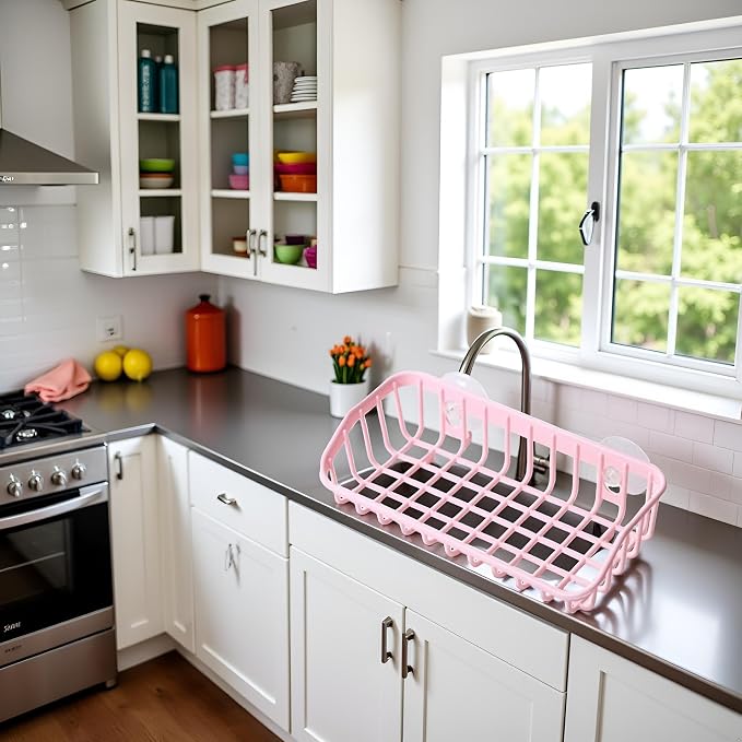 Pink Multifunctional Drain Rack, Hanging Storage Rack Drain Rack Sink Shelf Suction Cup Dishwashing Soap Sponge Holder for Kitchen Accessories