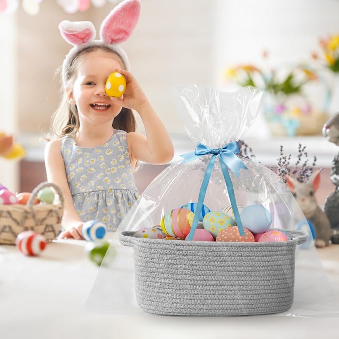 Cute Gray Gift Basket, Woven Baskets for Gifts Empty, Cotton Rope Storage Bin for Organizing, Kids Cat Dog Toy Box, Baby Nursery Organizer, Wicker Easter Basket with Handle, Grey Room Decor