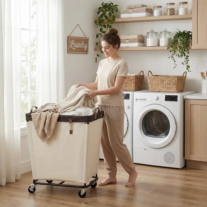 StorageWorks 210L Laundry Basket with Wheels, Rolling Hampers for Clothing | Large Beige Laundry Basket with Wheels & Handles, Rolling Cart for Bedroom, Bathroom, Dorm, Hotel