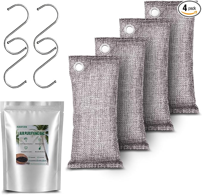 Activated Charcoal Bags Odor Absorbers, Activated Charcoal Odor Absorber for Strong Odors in Car, Closet, Shoe, Pet, Smoke, Basement. Coconut Shell Air Purifying Bag(4 x 100g）