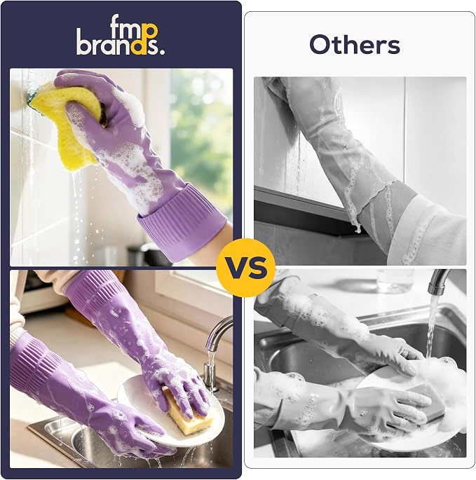 FMP Brands 3/6/12/60 Pairs 15 Inch Extra Long Rubber Dishwashing Gloves - Non-Slip for Cleaning, Kitchen, Bathroom, Gardening