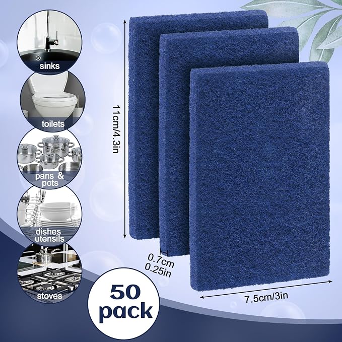 Hoolerry 100 Pcs Non Scratch Scouring Pads for Kitchen Dish,Blue | Reusable Anti Grease Scrubbers, for Pan Metal Grills Cookware, Household Cleaning Dishwashing, 4.3 x 3 x 0.3 Inch Size