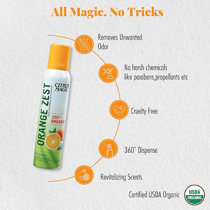Citrus Magic Organic Air Freshener Spray, Orange Zest, 3 Ounce, Pack of 3 | Odor Eliminator for Home, Up to 7 Hours of Freshness, Non-Aerosol, Citrus-Based Formula