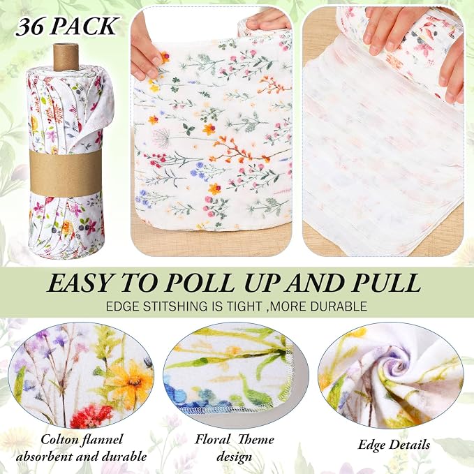 Reusable Kitchen Cloths Cotton Towel, 90 Pack, Wildflowers | Washable 9.84x11.81in, Paperless Towel Rolls Bulk, Cleaning Cloth Napkins for Dishes