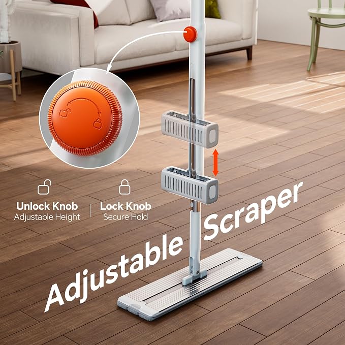 Self Wringing Mop, Hands Free Microfiber Flat Mop Wet Dry Floor | Microfiber pads, aluminum panel, wet dry cleaning system for floors walls windows, apartment use, 4 Reusable Pads