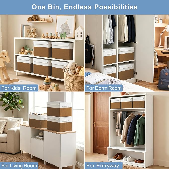 Bagnizer Large 22 Quart Linen Fabric Foldable Storage Bin Cube Organizer Basket with Flip-Top Lid & Handles, Clothes Blanket Box for Home, Office, Closet, Brown & White, 4 Pack 14.6 x 9.5 x 9.5