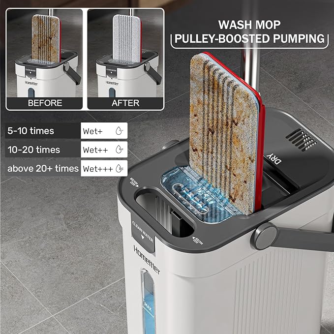 HoMettler Dual Mop and Bucket Set, Flat Mop and Bucket System with Separate Dirty and Clean Water, 3-Compartment Wall Cleaner Mop, Flat Mops for Floor Cleaning with 6 Microfiber Pads - White