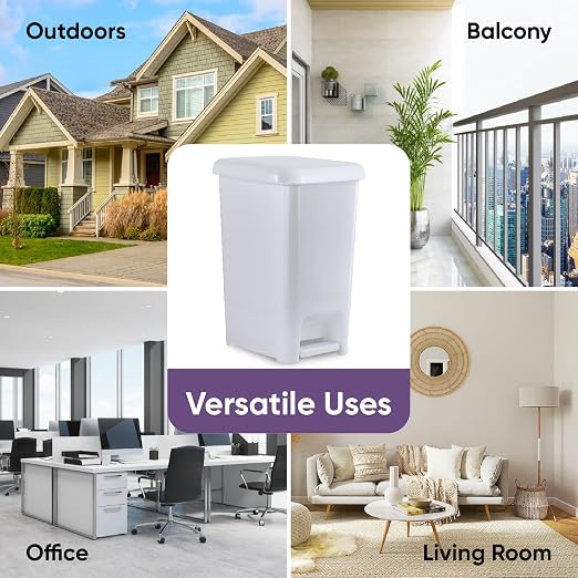 Superio Slim Step On Pedal Plastic Trash Can, Waste Bin for Under Desk, Office, Bedroom, Bathroom, Kitchen (6.5 gal) (White Smoke)