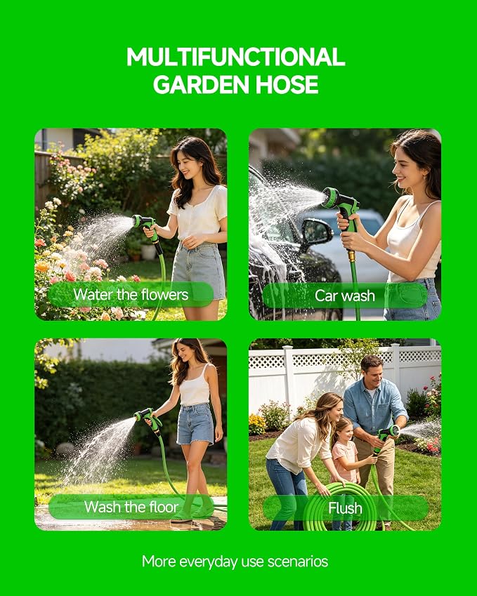 50ft Garden Hose with 10 Spray Patterns, Non-Expandable, Tangle-Free PVC
