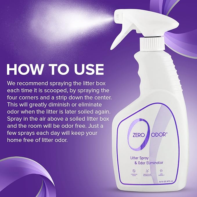 Zero Odor Litter Box Odor Eliminator Spray, Cat Litter Deodorizer, 16 oz | Cat Litter Box Deodorizer Spray, Molecular Technology - Safe for All Litter, Carpets & Rugs