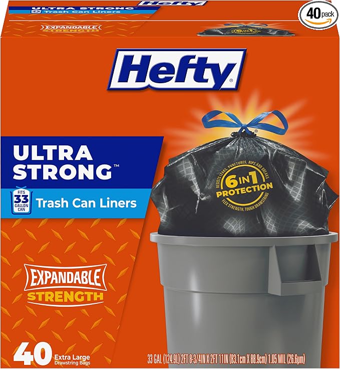 Hefty Ultra Strong 33 Gallon Trash Bags, Black, Unscented, 40ct | 33G Extra Large Trash Bags with Drawstrings, Resists Leaks, Punctures, Tears, Party Cleanup, Donations, Storage, Multipurpose