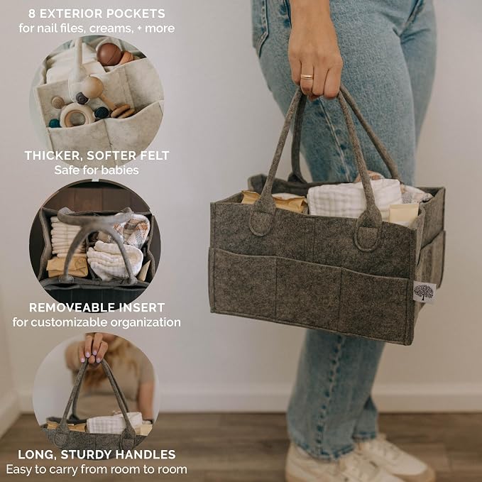 Parker Baby Co. Felt Diaper Caddy Organizer - Large, Charcoal | Portable nursery storage bin sorts diapers, wipes, bottles & baby essentials in home/car. Soft felt, foldable design 16x10x7"