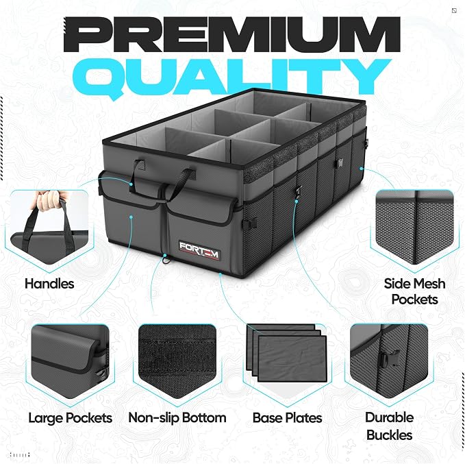 FORTEM Trunk Organizer - Foldable Car Organizer & Storage for SUVs & Trucks | Car Accessories for Men Women, Collapsible Bag, Non Slip Bottom, Straps, Soft Cover, 600D Oxford, Grey, 6 Compartments, 85L