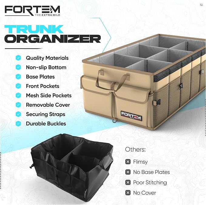 FORTEM Trunk Organizer - Foldable Car Organizer & Storage for SUVs & Trucks | Car Accessories for Men Women, Collapsible Bag, Non Slip Bottom, Straps, Soft Cover, 600D Oxford, Beige, 6 Compartments, 85L