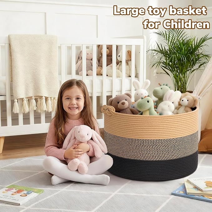 22"x22"x14" Large Blanket Basket, Home Décor for Living Room Bedroom, Decorative Wicker Woven Basket for Clothes, Toy Storage Basket for Kids, Camel Mix & Black