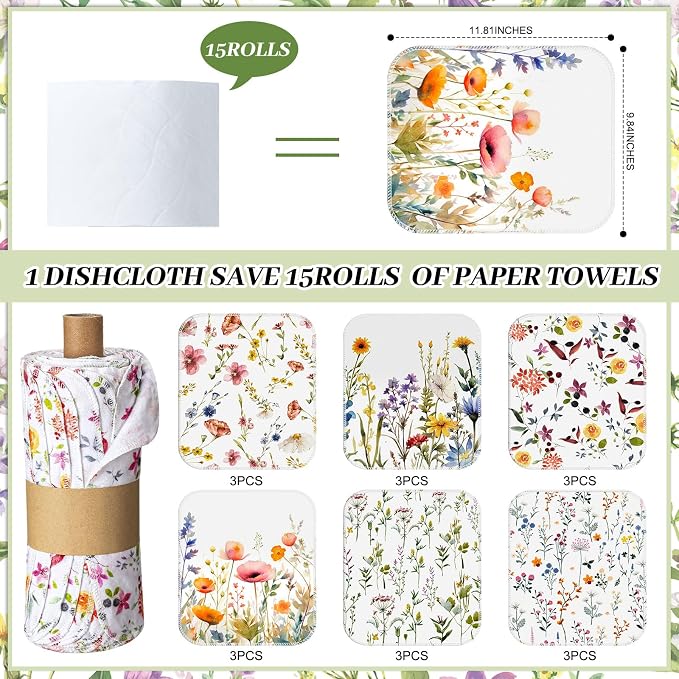Reusable Kitchen Cloths Cotton Towel, 18 Pack, Wildflowers | Washable 9.84x11.81in, Paperless Towel Rolls Bulk, Cleaning Cloth Napkins for Dishes
