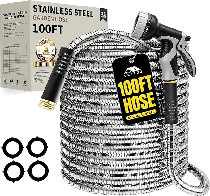 Lefree 100ft Metal Garden Hose with Upgraded Leak‑Proof Rubber Sleeve | Kink & Tangle Free, Flexible 5/8 in Water Hose for Stronger Water Flow, 550 PSI, Easy Store Hose for Yard, RV, Pet Bath