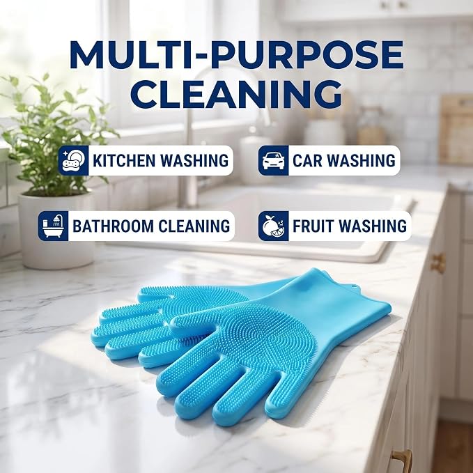 Silicone Dish Washing Gloves with Scrubber, High-Density Teeth For Scrub | Dog & Cat Grooming Mitts, Non-Slip, Safe For Dishes & Pets, Food-Grade, Easy Rinse & Hang, 12.2" × 6.3 - Blue
