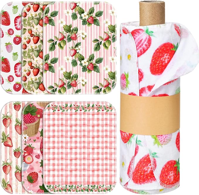 Reusable Kitchen Cloths Cotton Towel, 36 Pack, Strawberry | Washable 9.84x11.81in, Paperless Towel Rolls Bulk, Cleaning Cloth Napkins for Dishes