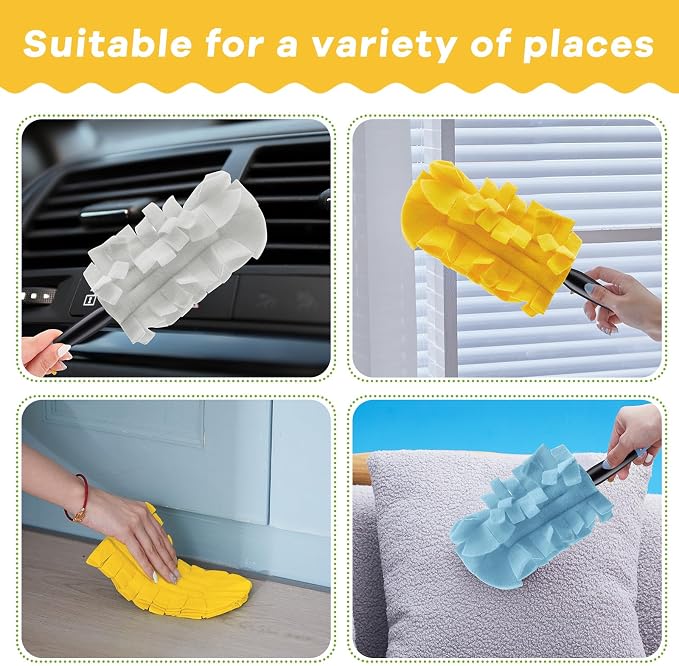 Zubebe 12 Pcs Reusable Duster Refills Fleece,Blue, White, Yellow | Soft Polyester Fiber Flat Duster Refill Multi Surface Washable Cleaning Pad Tools for Home, Blinds, Car, Pet, Furniture, Fans