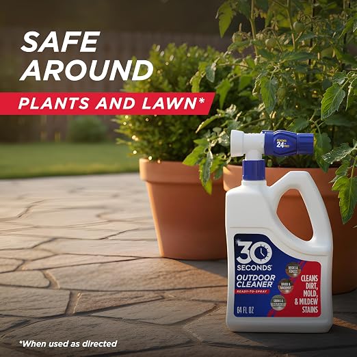 30 Seconds Outdoor Cleaner | Cleans Moss Stains from House, Vinyl Siding, Deck, Patio, Fence - 3 Capped Bottles, 1 Hose End Spray Attachment (64 Fl Oz (Pack of 6)