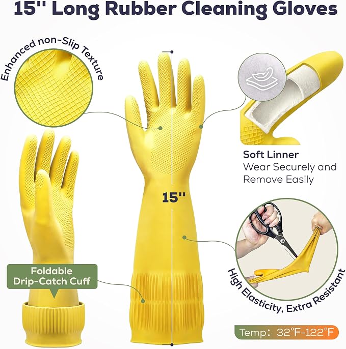 FMP Brands 3/6/12/60 Pairs 15 Inch Extra Long Rubber Dishwashing Gloves - Non-Slip for Cleaning, Kitchen, Bathroom, Gardening
