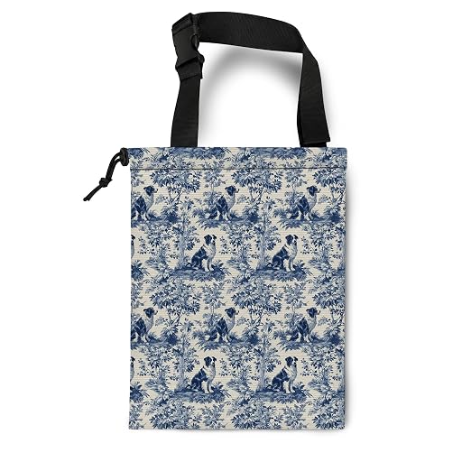 Chinoiserie Border Collie Car Trash Bag Hanging for Back Seat | Blue and White Dog Canvas Drawstring Car Garbage Bag with Adjustable Buckle Vehicle Trash Can