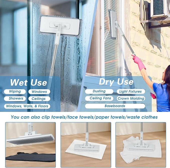 4 in 1 Snap Grip Mini Mop with Squeegee, Floor Scrub Brush with Long Handle | Click Mop, 2 Shiny Towels Wipes Cleaning Cloths, 2 Crevice Brush, Snap Grip Mop for Windows Car Glass Floor Shower Bathroom
