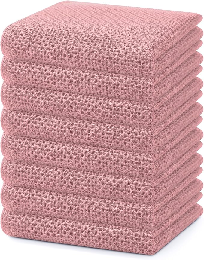 Homaxy 100% Cotton Waffle Weave Kitchen Dish Towels 8-Pack, Dried Rose | 13 x 28 Inches, Ultra Soft Absorbent Dish Towels, Quick Drying Cleaning Towels