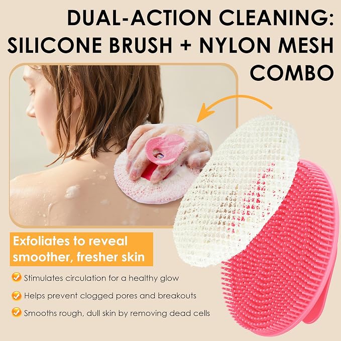 Hygienic Body Cleansing Scrubber with Exfoliating Net Sponge Case, Pink | INNERNEED Soft Silicone Bristles Deep Clean & Massage Shower Scrub Brush with African Exfoliating Bath Mesh