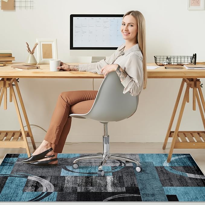 Office Chair Mat for Hardwood Floor&Tile Floor,36"X 48"-Geo Blue Gray | Heavy Duty Desk Chair Mat for Hard Floors,Under Desk Rug for Rolling Computer Chair,Anti Slip,Low Pile Carpet Floor