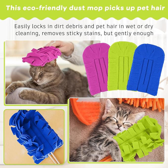 Zubebe 3 Pcs Reusable Duster Refills Fleece,Rose Red,Green, Blue | Soft Polyester Fiber Flat Duster Refill Multi Surface Washable Cleaning Pad Tools for Home, Blinds, Car, Pet, Furniture, Fans