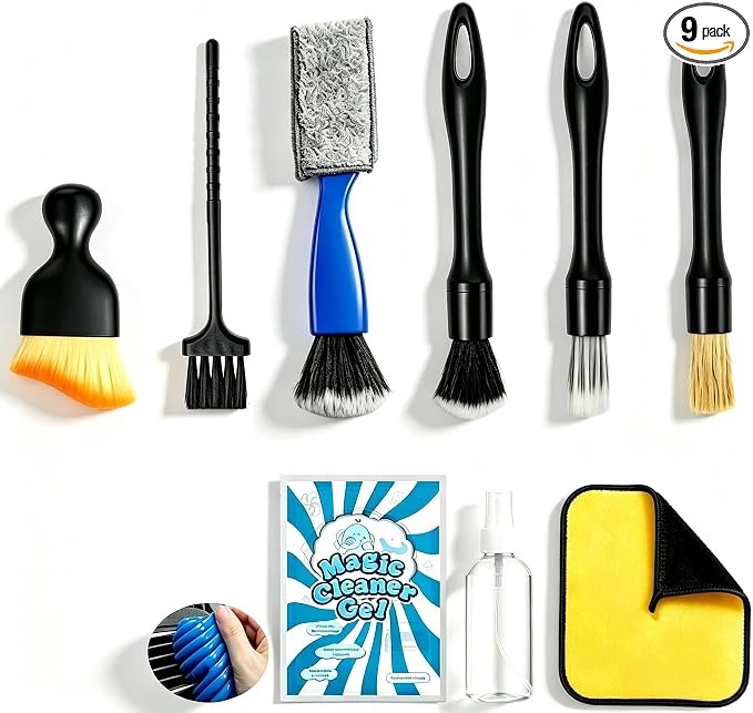 Riomh 9 Pcs Car Detailing Brushes Kit, Car Interior Cleaning Supplies with Cleaning Gel | car detailing brushes, cleaning gel & microfiber cleaning cloth, Safe for leather, vents, dash. Ideal for truck, auto, RV