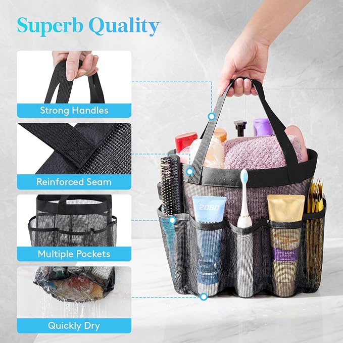 Lifewit Mesh Shower Caddy Portable, Dorm Room Essential, 2 Pack, Black&Grey | 2 Handles, Freestanding, Quick Dry Tote Bag, 7 Pockets, for Toiletry, Bathroom, Beach, Swimming, Gym, Camping, Travel