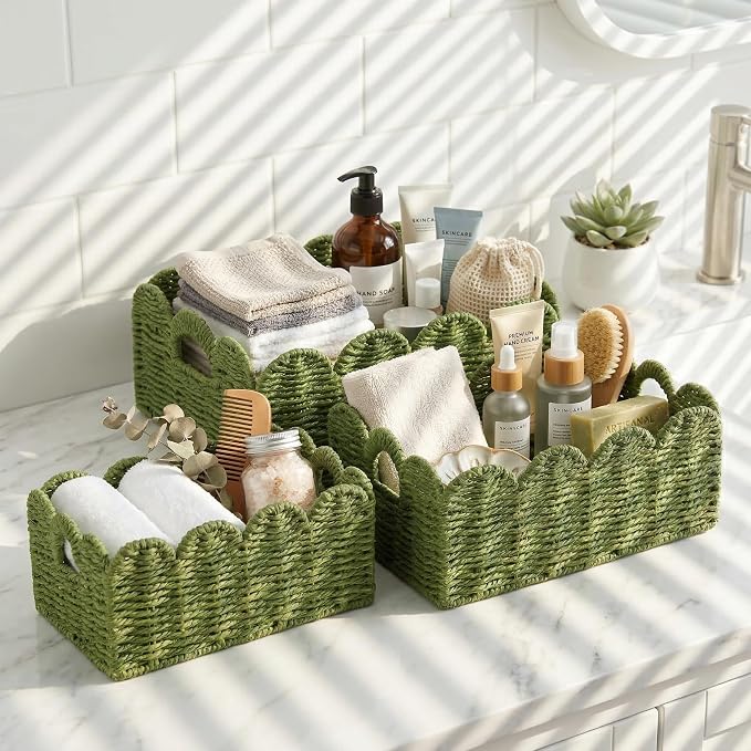 Scalloped Wicker Basket Set of 3, Hand-Woven Storage with Handles | set of 3 green scalloped baskets with handles. Hand-woven paper rope for shelves, bathroom or closet. Stackable, sturdy.