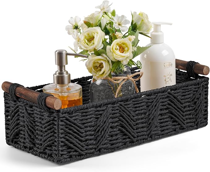 Toilet Paper Storage Basket for Bathroom Countertop Baskets for Organizing | With Handle for Bathroom Bedroom Home Decor Small Basekt for Shelves Apartment Countertop Use,Black