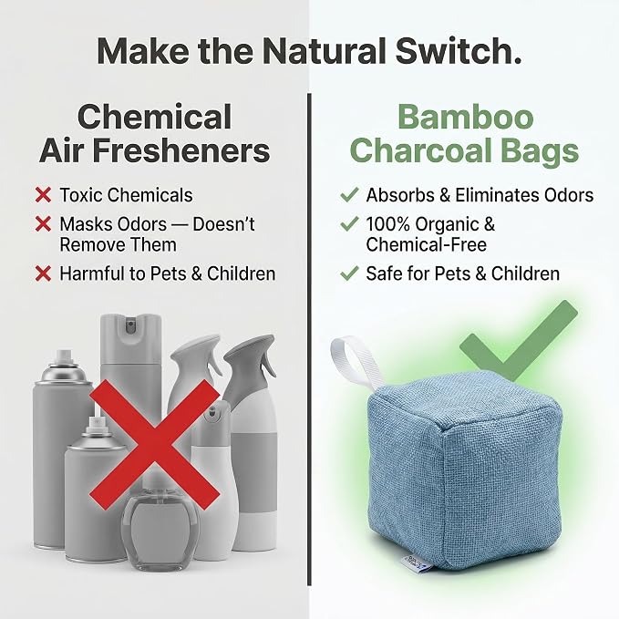 4 pack Naturally Activated Bamboo Charcoal Air Purifying Bags | Natural Home Deodorizer Bag | Charcoal Bag Odor Absorber For Pets | Odor Eliminator & Moisture Absorber Air Freshener Bag (100g Cube)